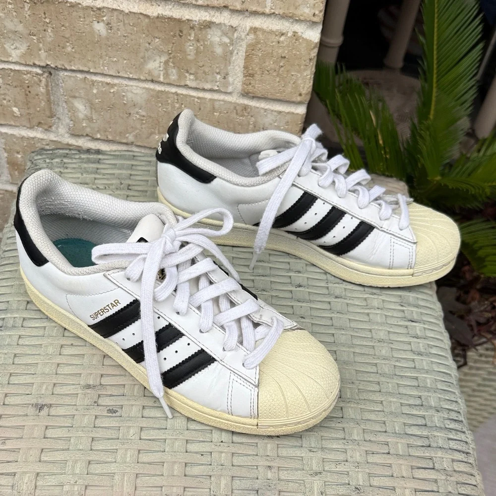 Adidas Superstar White and Black Sneakers with Cream Accents Size 5